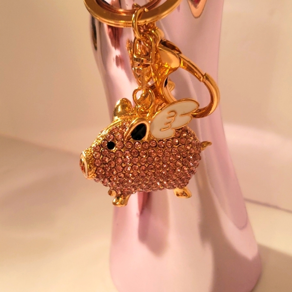 Flying Pig Keychain with Gold and White Accents. Also, be used as a purse charm.